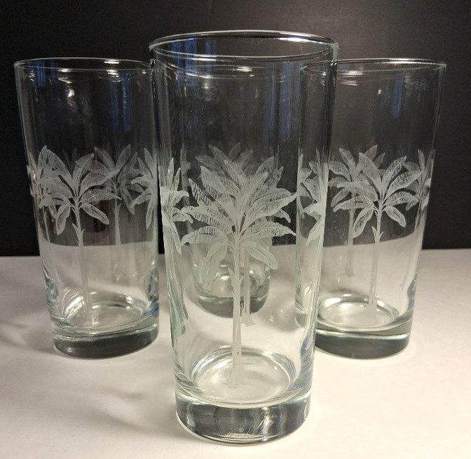 Tropical Beach Theme Glasses Set of 4 Palm Trees Retro 6-1/4" Tall 2 3/4" Dia.