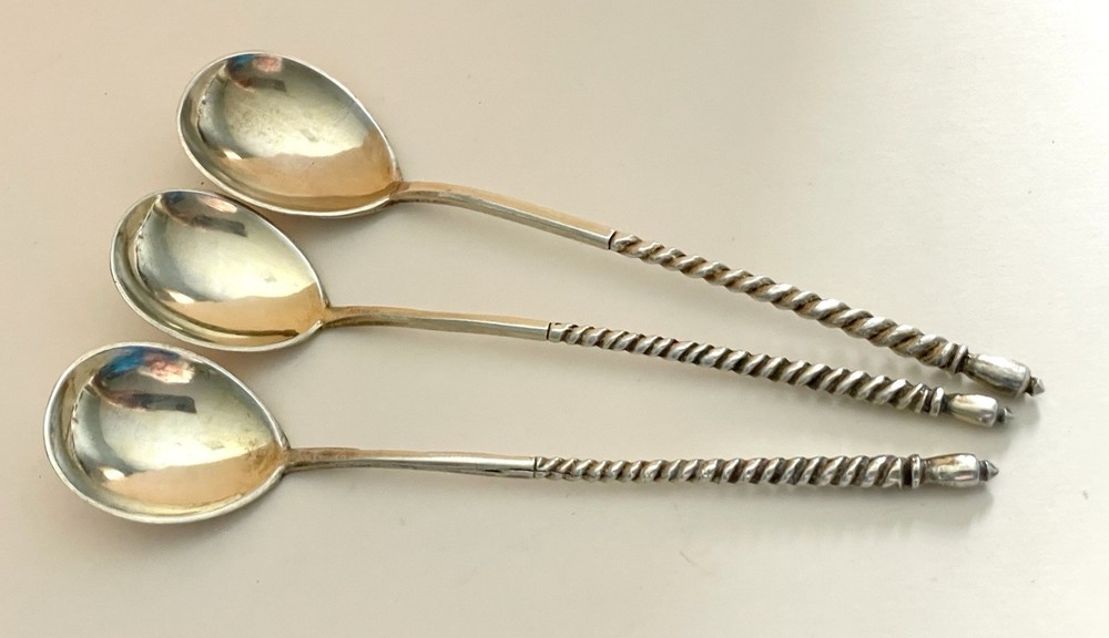 3 Russian Silver Spoons Twisted Handle Antique