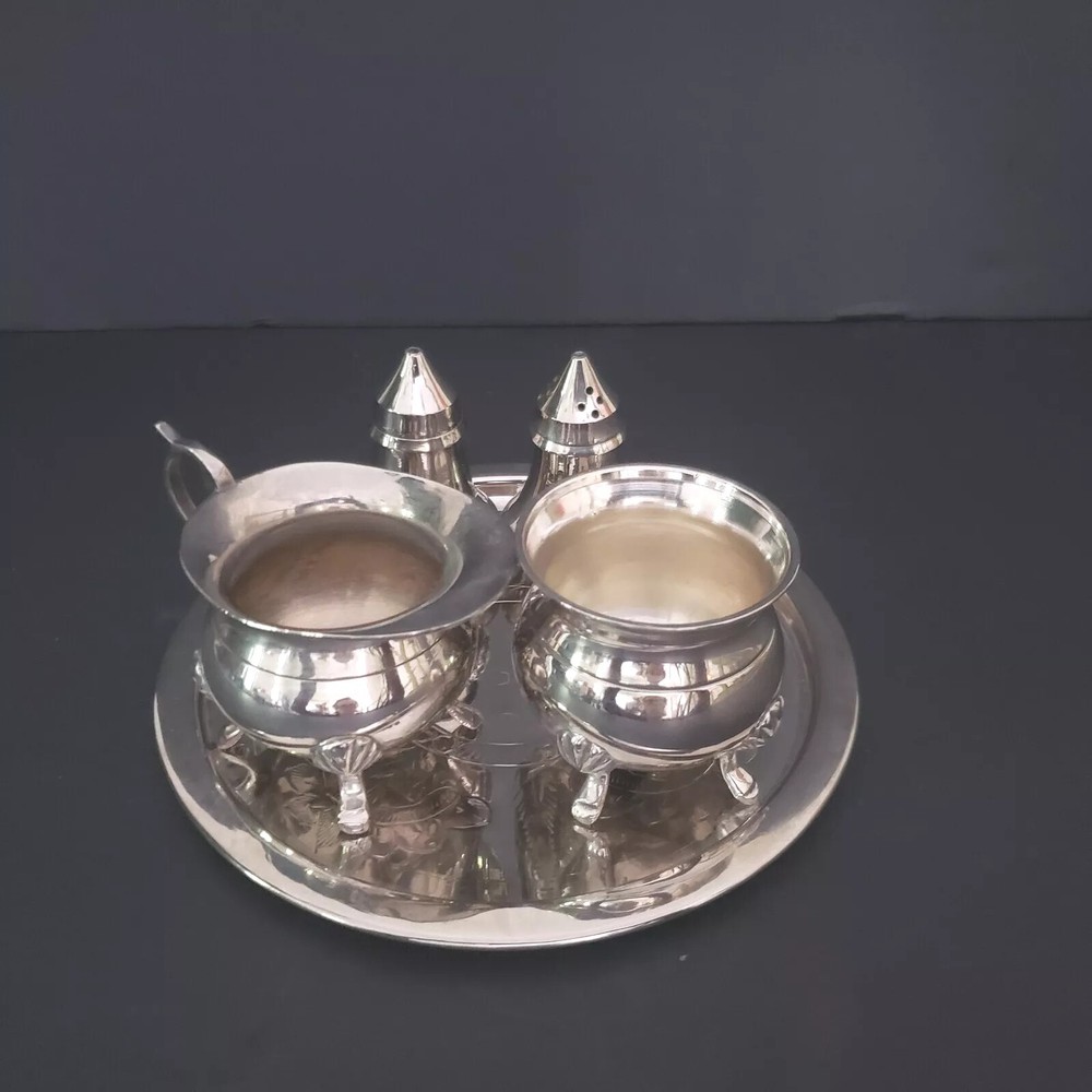 Vtg MINI Sugar & Creamer Set W/ Salt & Pepper Shakers  Silver Plated India