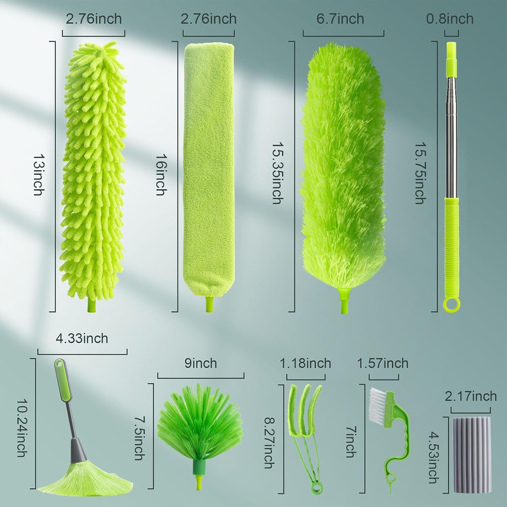 11PCS Microfiber Feather Duster Kit w/ Extension Pole Bendable Washable Cleaning