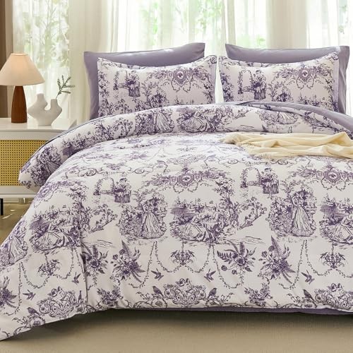 King Size Comforter Set 7 Pieces, Botanical Floral Bed King (90"x 104") Purple