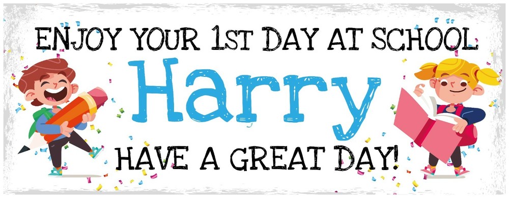 2 PERSONALISED FIRST DAY AT SCHOOL BANNERS BLUE - DESIGN 2