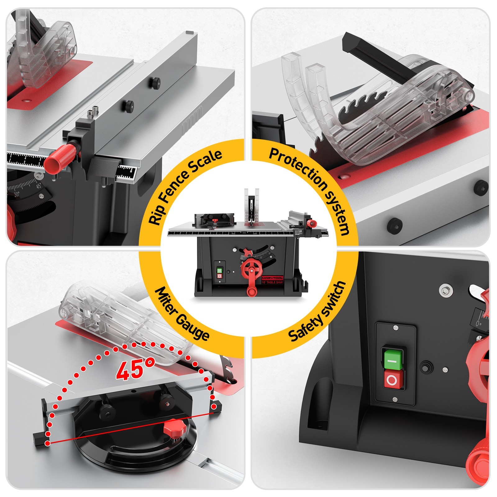 MarvTool 10 inch 15Amp Table Saw 45&90 Degree Cutting Range Lightweight Portable