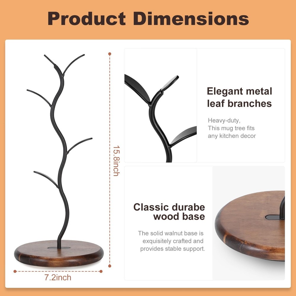 Mug Tree Holder, Bronze Metal Leaf Branch & Solid Wood Base Mug Holders, Coun...