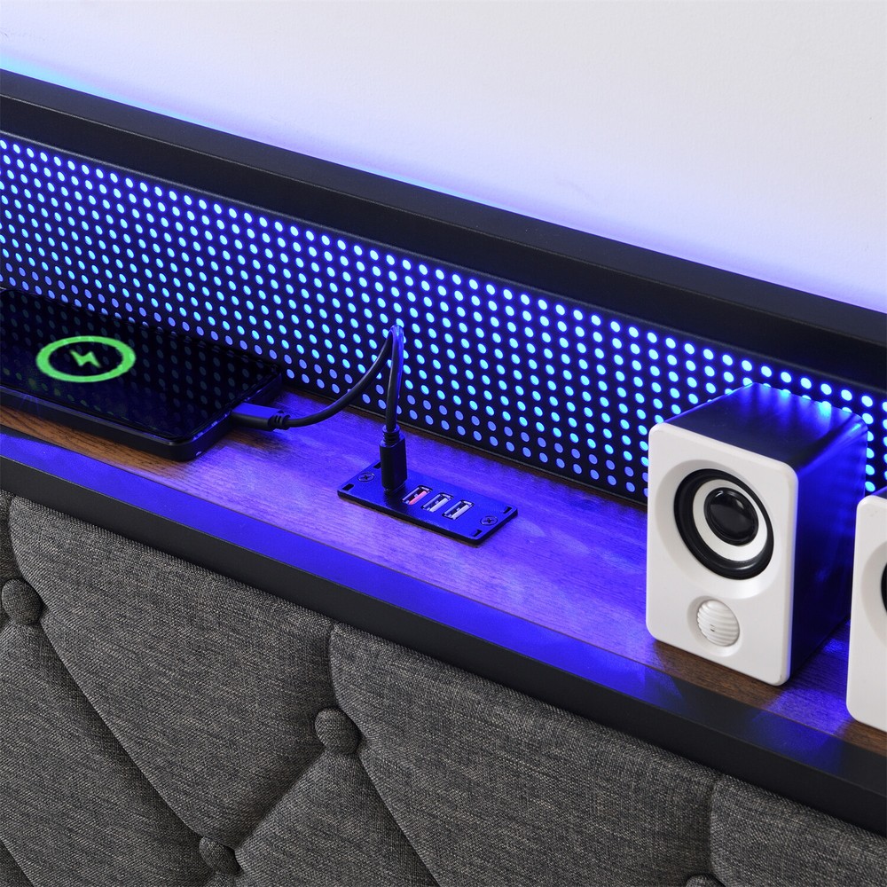 Full Size LED Bed Frame w/ Headboard & USB Port Upholstered Platform Bed Frame