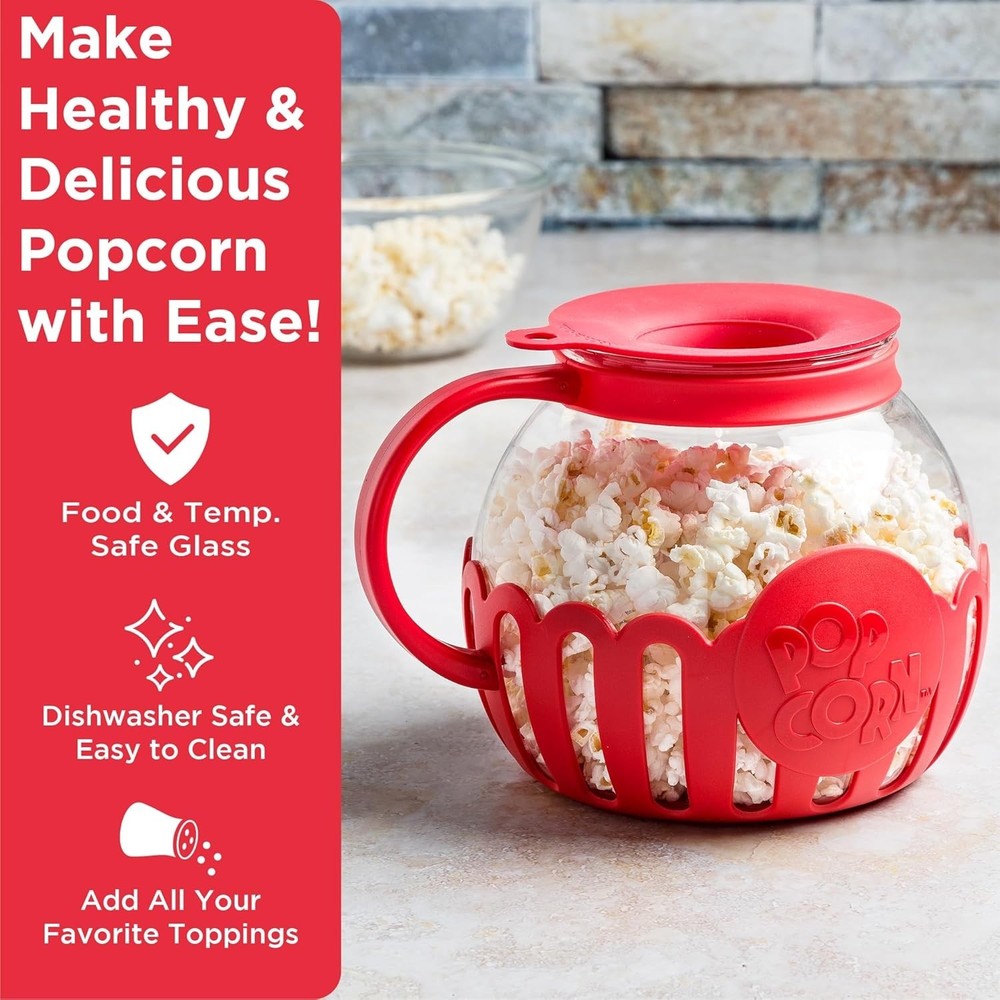 Patented Microwave Popcorn Popper, 3-Quart, Temp Safe Glass & Multi-Function Lid