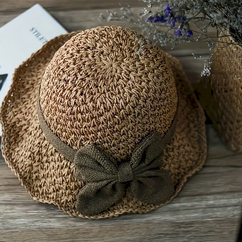 Elegant French Style Sun Fall Straw Hat With Ruffle Bowknot Foldable Breathable