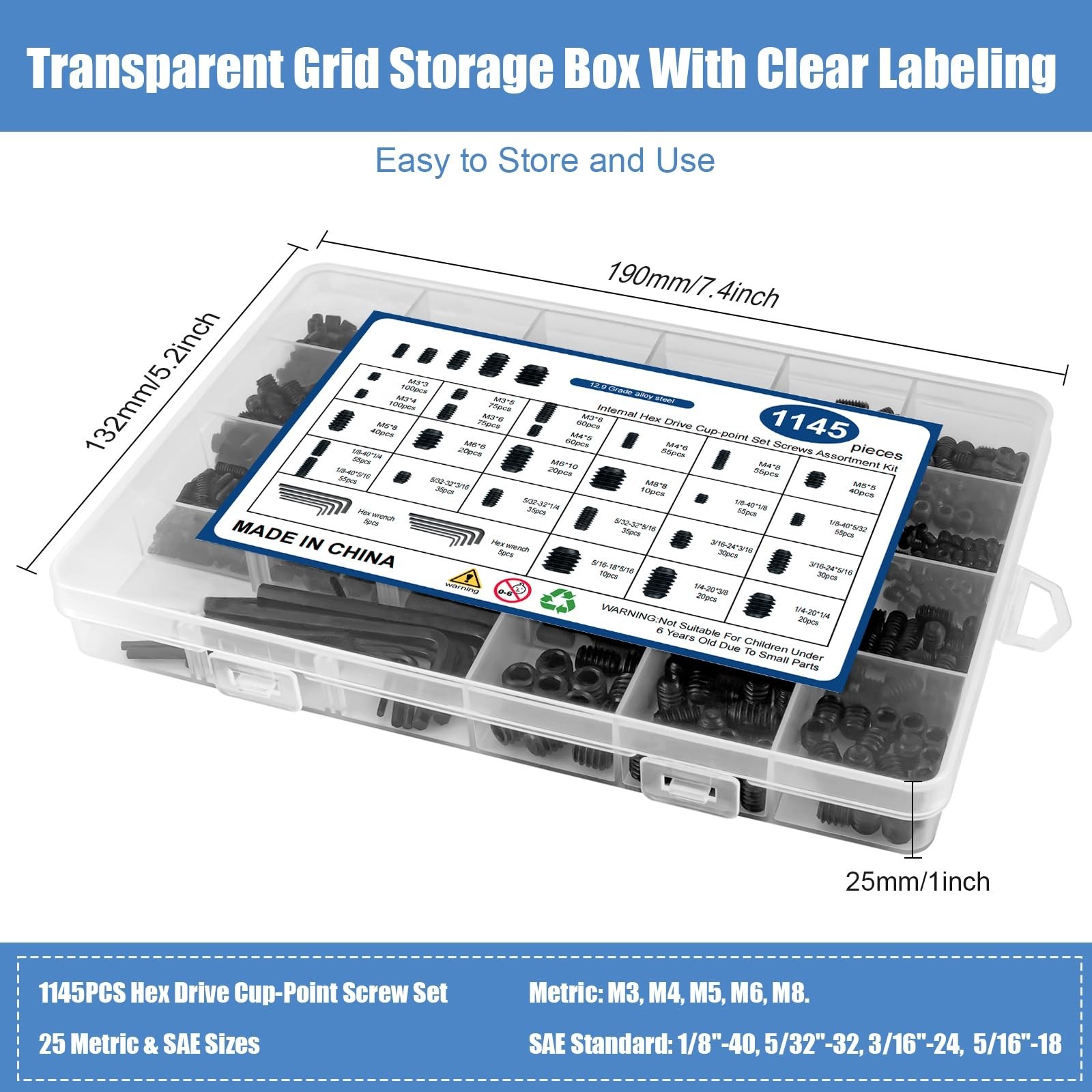1145PCS 25 Sizes Metric & SAE Set Screw Assortment Kit,12.9 Class Alloy Steel...