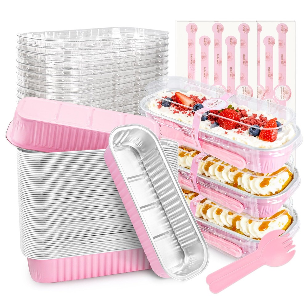 50 PACK Mini Cake Pans with Lids and Spoons,Rectangular Aluminum Foil Bread P...