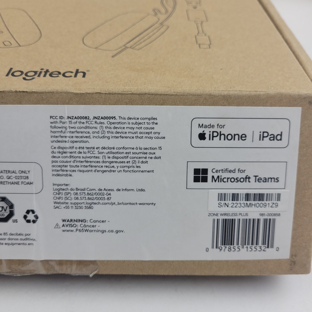 Logitech Zone Wireless Plus Headset Model A00082 Brand New Open Box