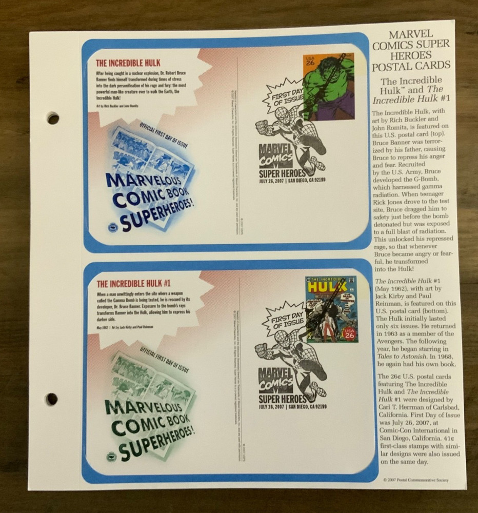 2007 First Day Issue -Post Cards. Marvel Super Hero’s (20 post cards)
