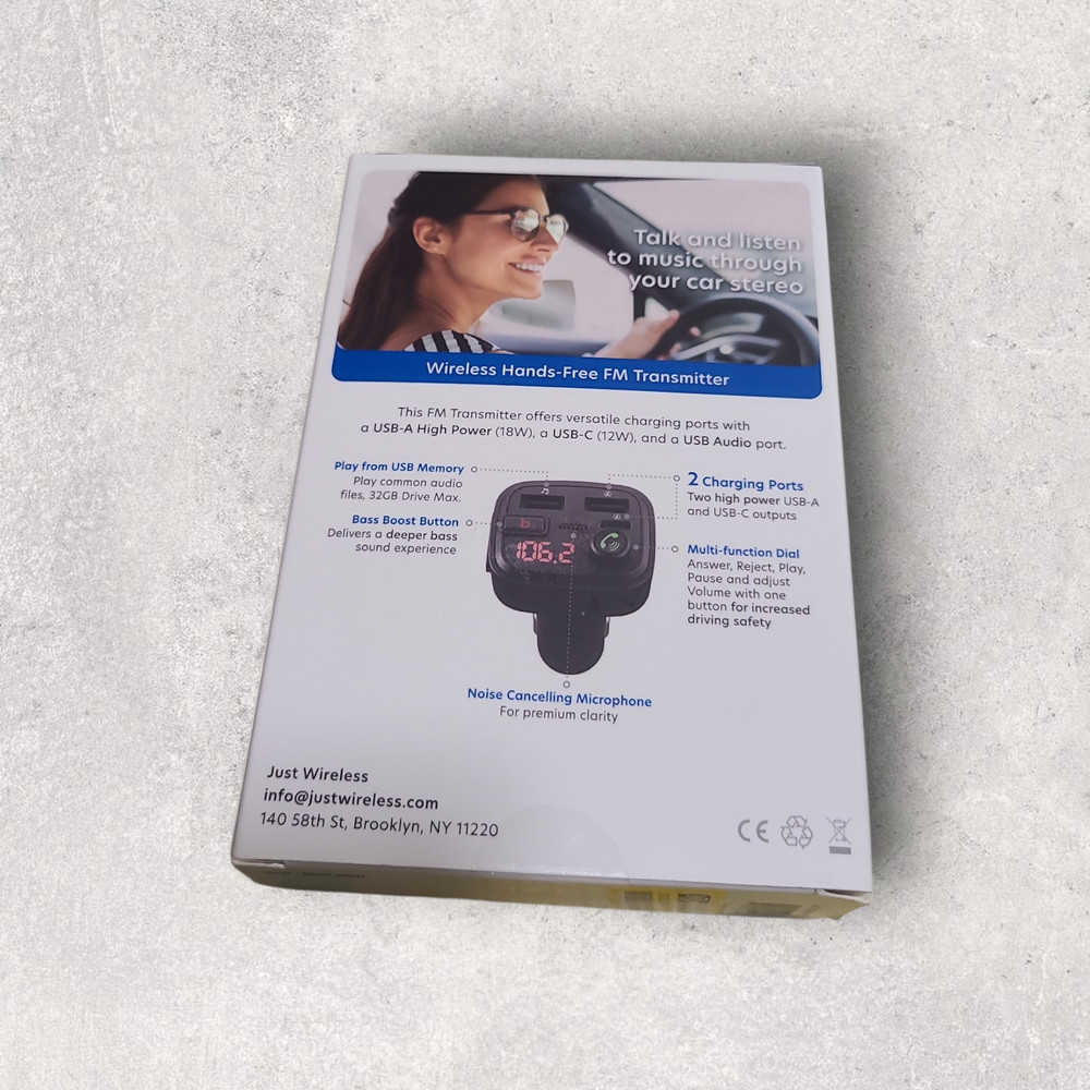 Just Wireless FM Transmitter with USB-C and USB-A Charging Port ( Black )