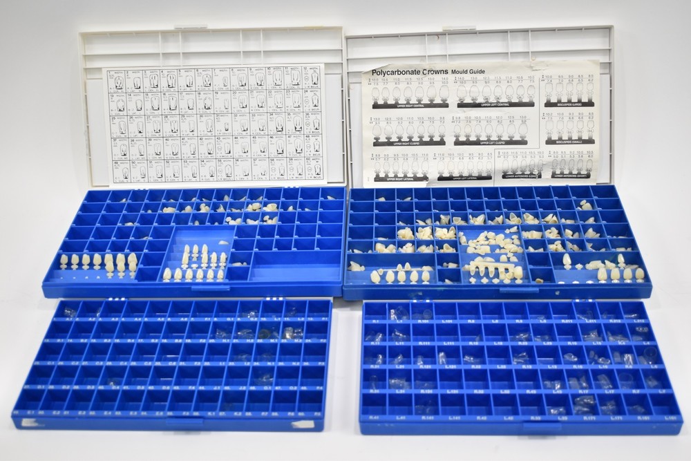 Dental Crowns Polycarbonate & Crown Forms Various Sizes in Organizer Boxes