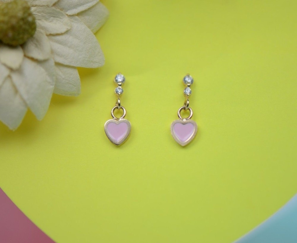14K Solid Yellow Gold Enamel Heart Shape Dangle Stud Earring