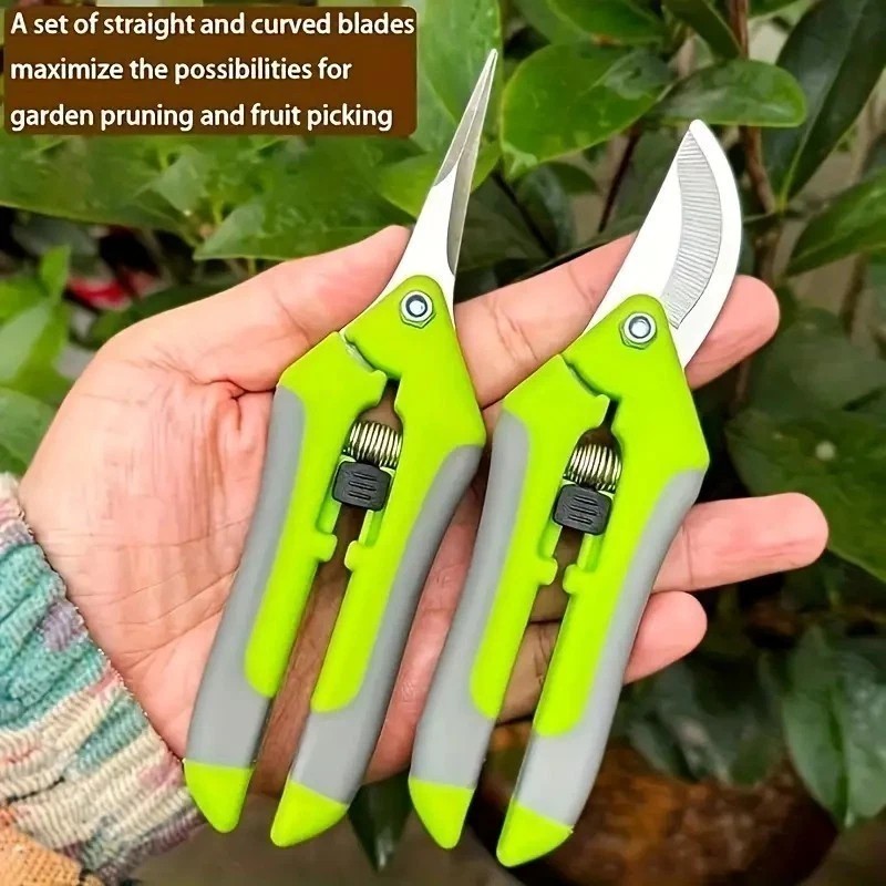 2pcs Green Garden Shears Curved Garden Shears Straight Gardening Pruning Shear