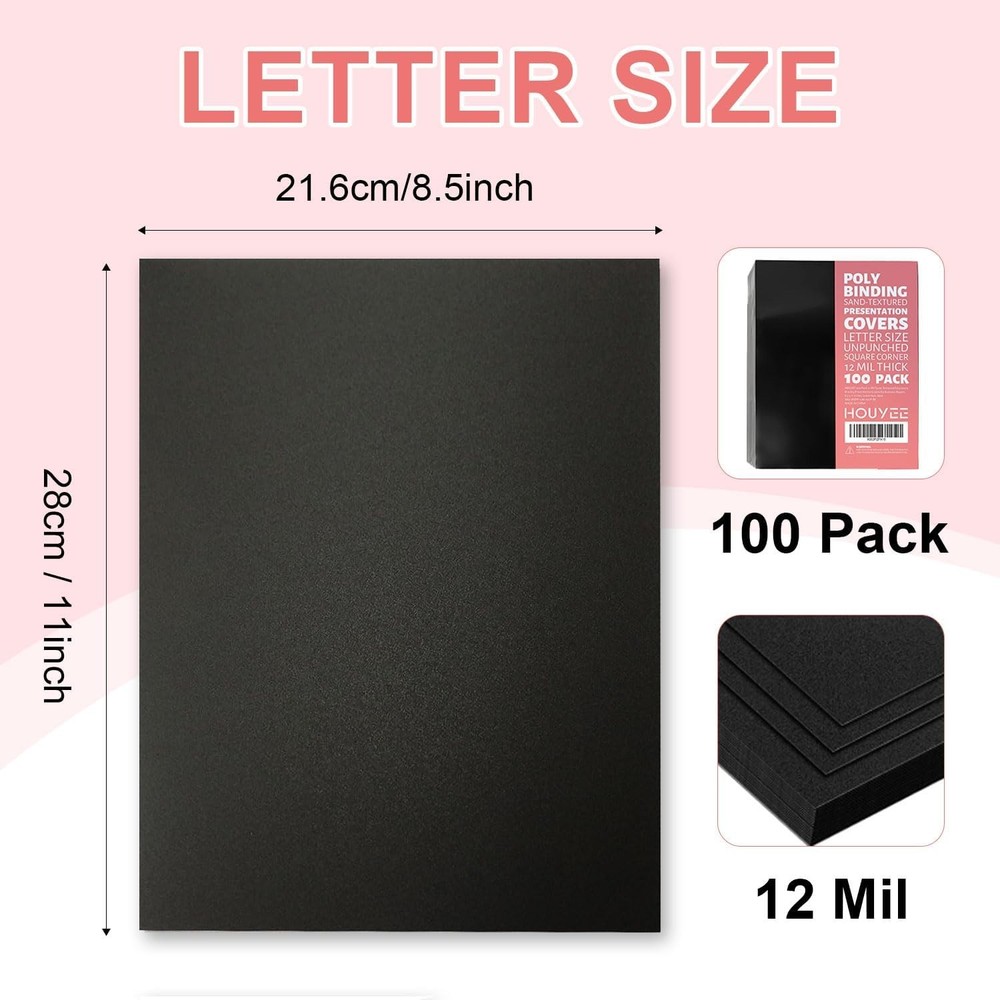 HOUYEE 100 Pack 12 Mil Poly Binding Covers,Sand 12mil, 100 pack, Black