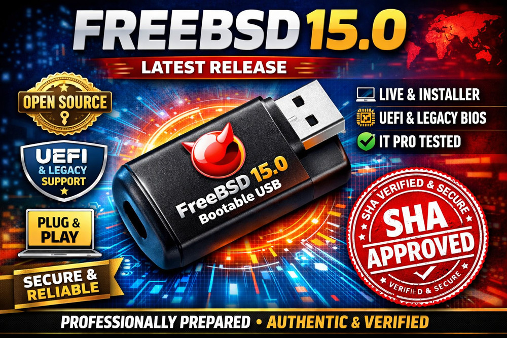 FreeBSD 15.0 Open Source UNIX OS Bootable USB | Live & Installer | UEFI & Legacy