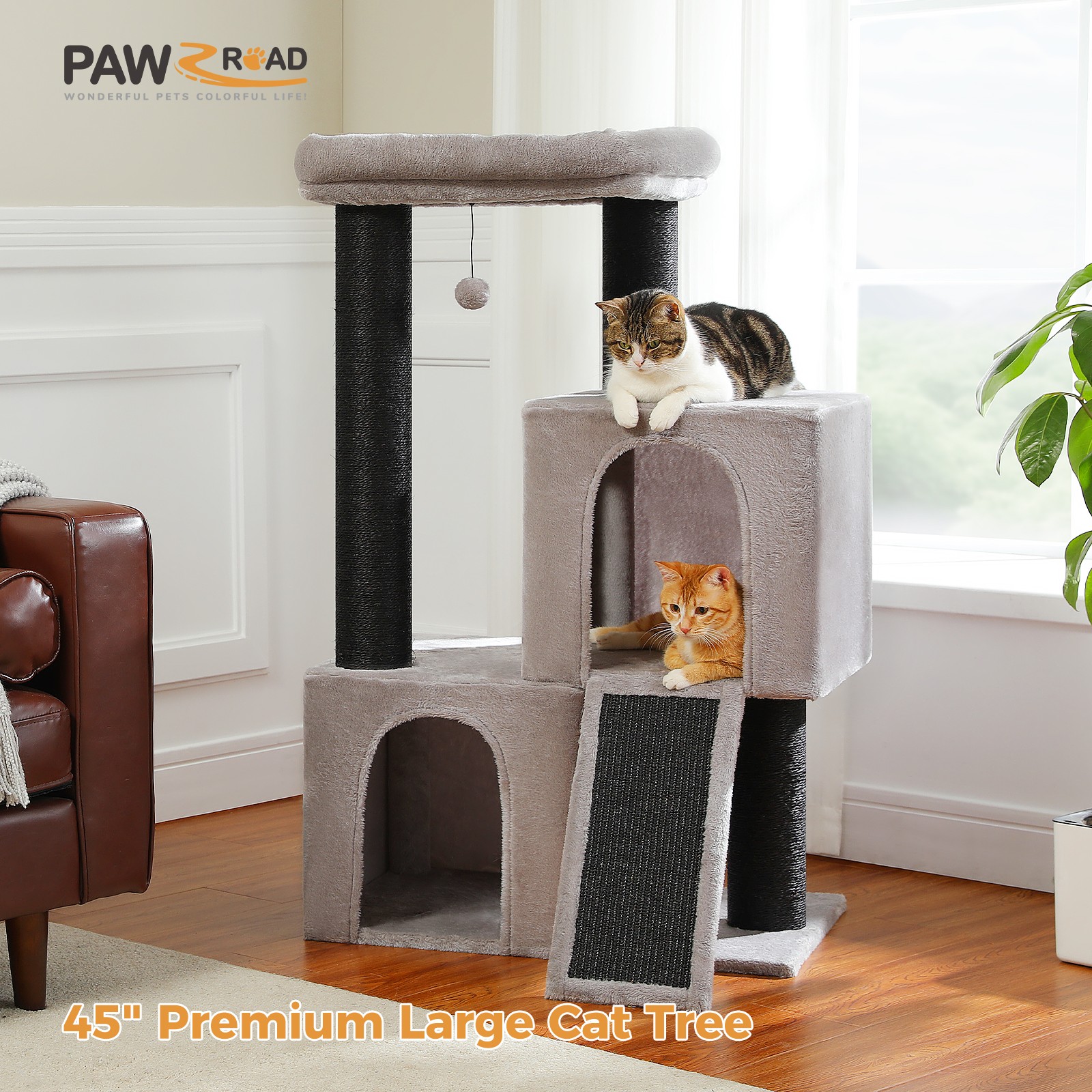 PAWZ Road Heavy Duty Cat Tree for Large Cats with 4.3" Thick Scratching Post Toy