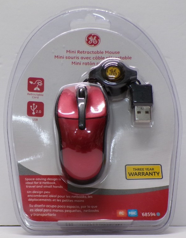 GE Mini Retractable Mouse 68594 Red