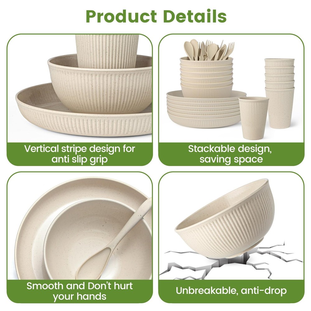 36-Piece Reusable Wheat Straw Dinnerware Sets Dinnerware, Beige