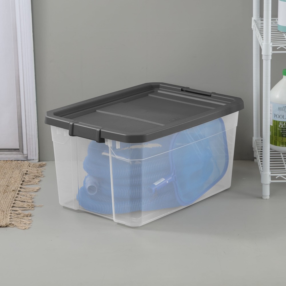 76 Quart Stacker Box, Durable Clear Plastic Bin with Lid, Dark Gray