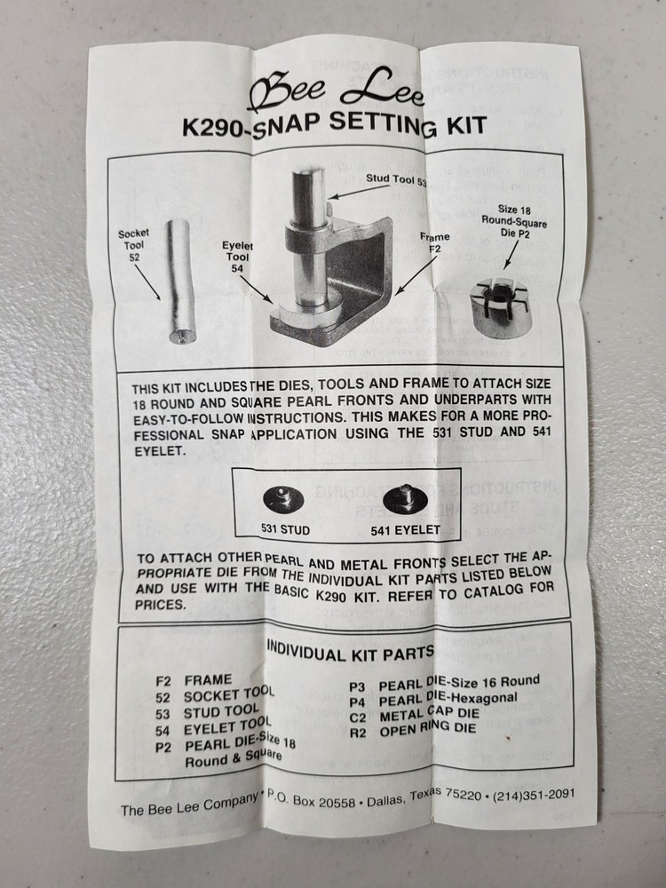 The Bee Lee Snap Co. Snap Setting Kit K290