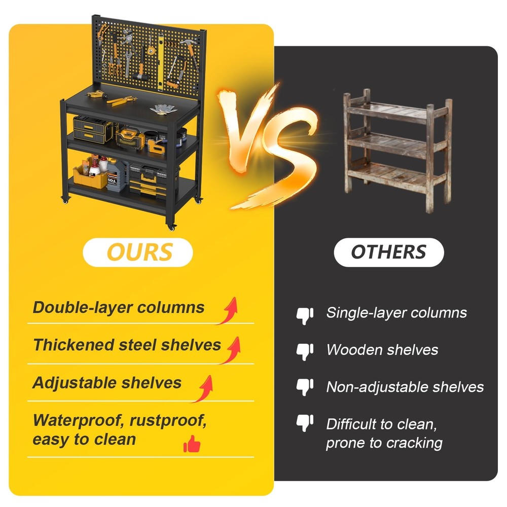 Heavy Duty Garage Workbench w Pegboard Wheels Adjustable Tool Table