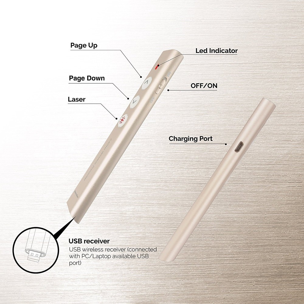 Kavalan Aluminum 2.4G Rechargeable Wireless Presenter Remote Red Pointer , Gold