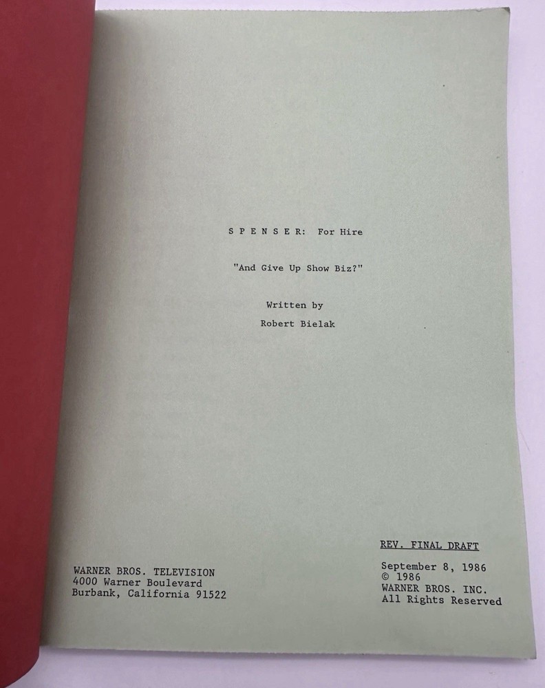 1986 Spenser For Hire Script Screenplay Revised Final Draft Bielak WB TV