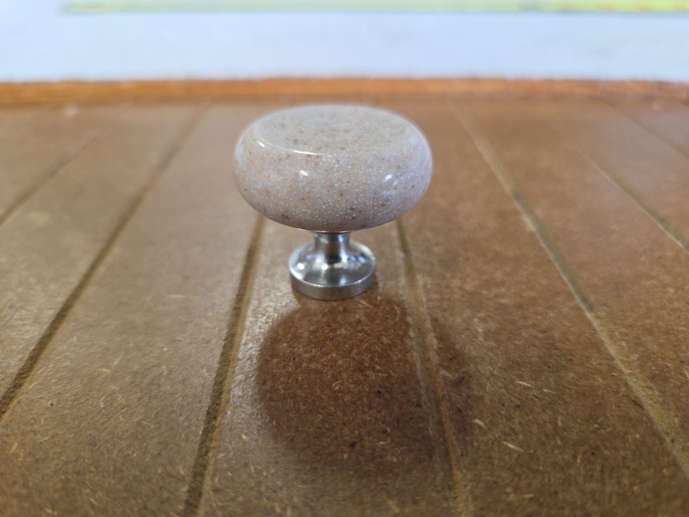 1.25 inch beige stone round cabinet knobs satin nickel base