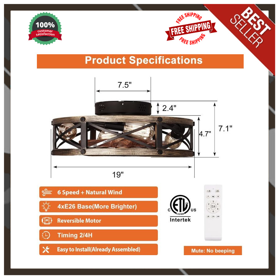 Rustic 19" Ceiling Fan with Light and Remote, 6 Speeds, Farmhouse Flush Mount