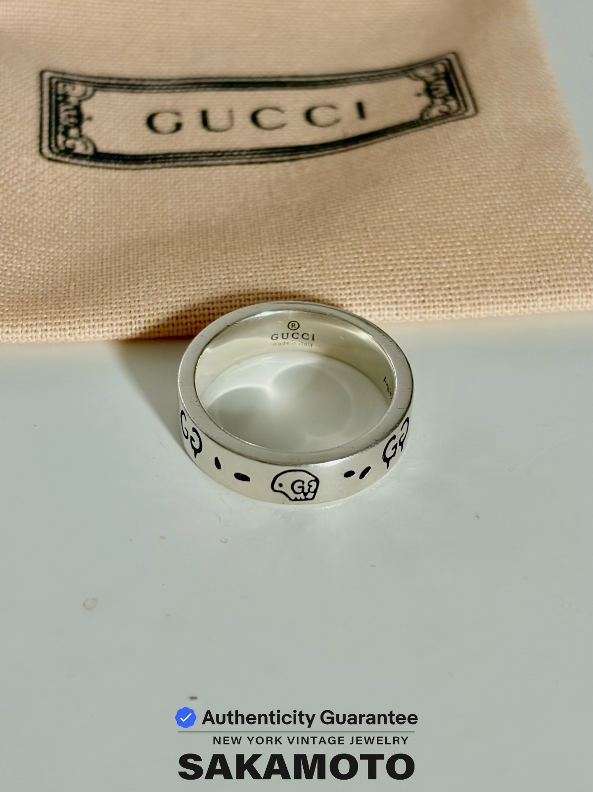 GUCCI GG Ring Ag925 Unisex Sterling Silver Ghost Ring 6MM-Size US 8