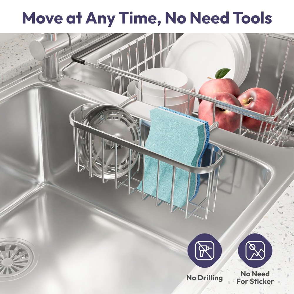 SWTYMIKI Sponge Holder for Kitchen Sink, Movable Sink Medium, Silver