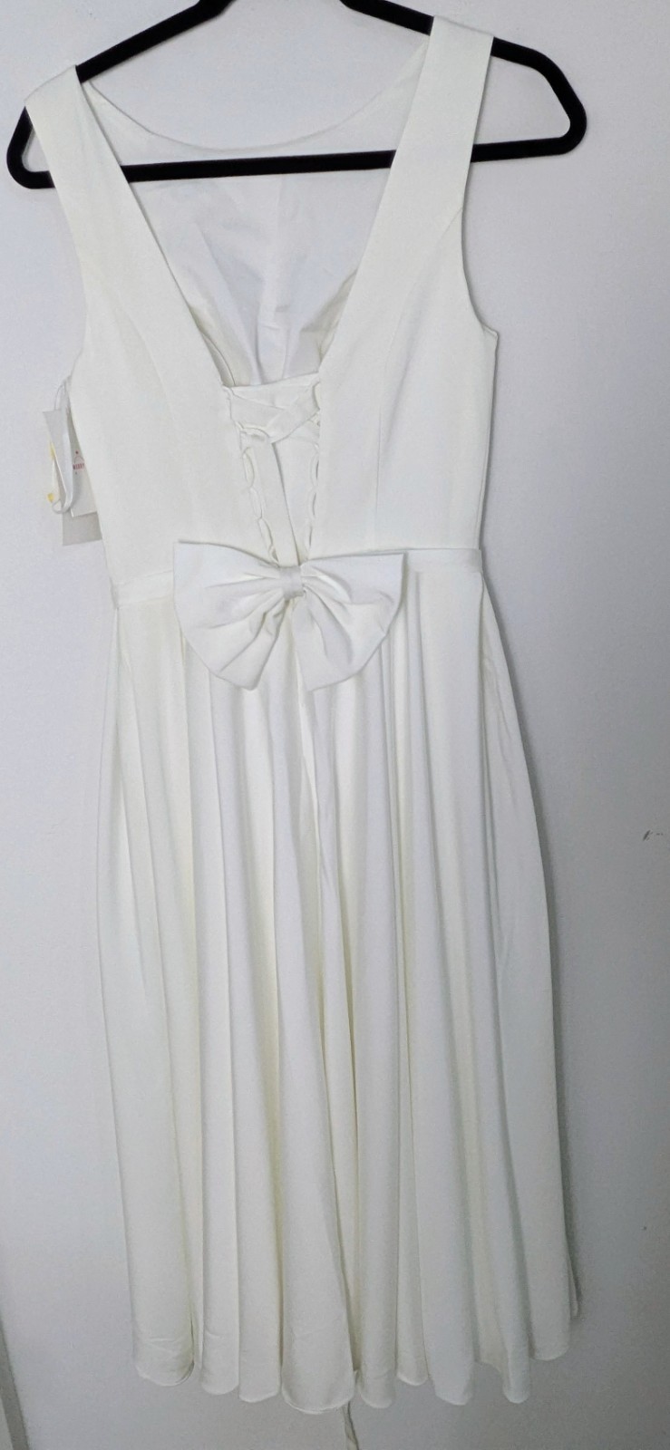 Off White Boatneck Midi Wedding Dress Romantic Lace-Up Back and bow Sz 6 NEW