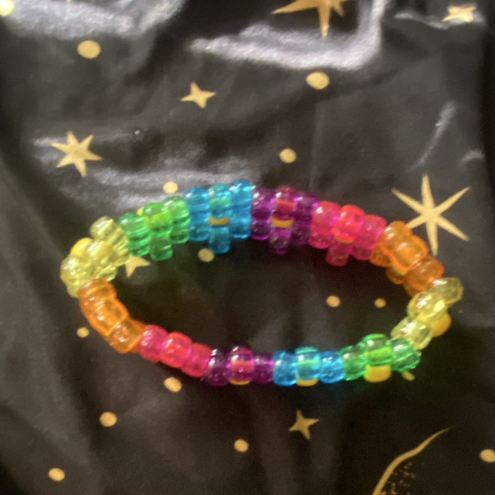 Handmade Rainbow sparkly flower Kandi cuff!