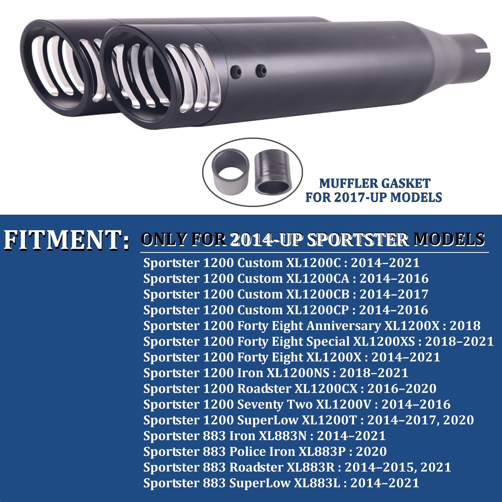 SHARKROAD 3" Black Slip-on Mufflers Exhaust for Harley 14-21 Sportster XL 883