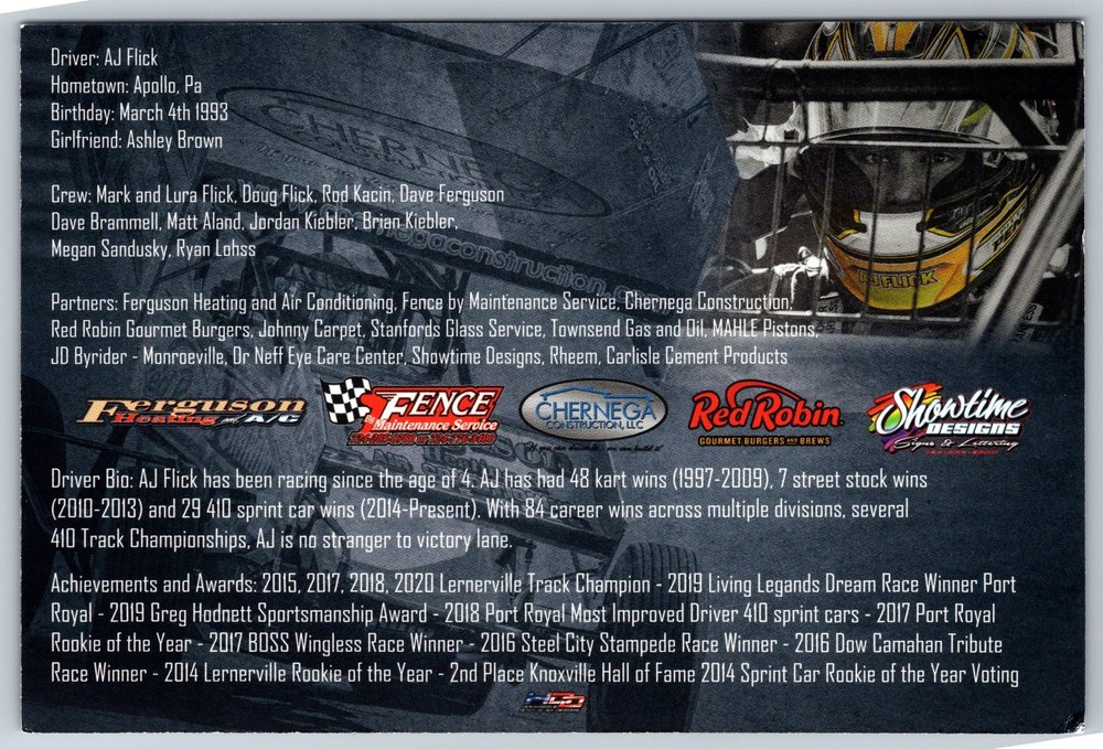 AJ Flick Hand Signed Postcard - Auto Racing