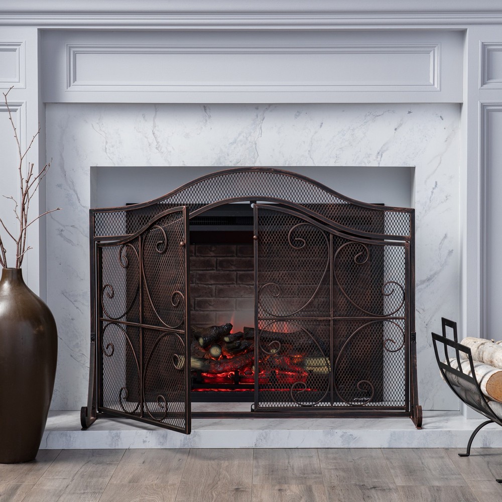 Vintage Fireplace Screen with Doors Traditional Scroll Metal Single Panel Screen