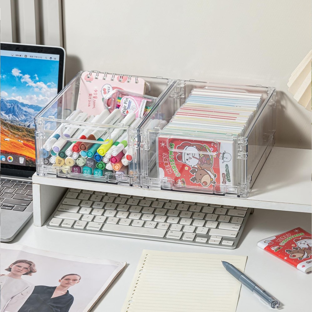 2-Pack Foldable Plastic Baskets, Stackable Storage Baskets with Handles for O...