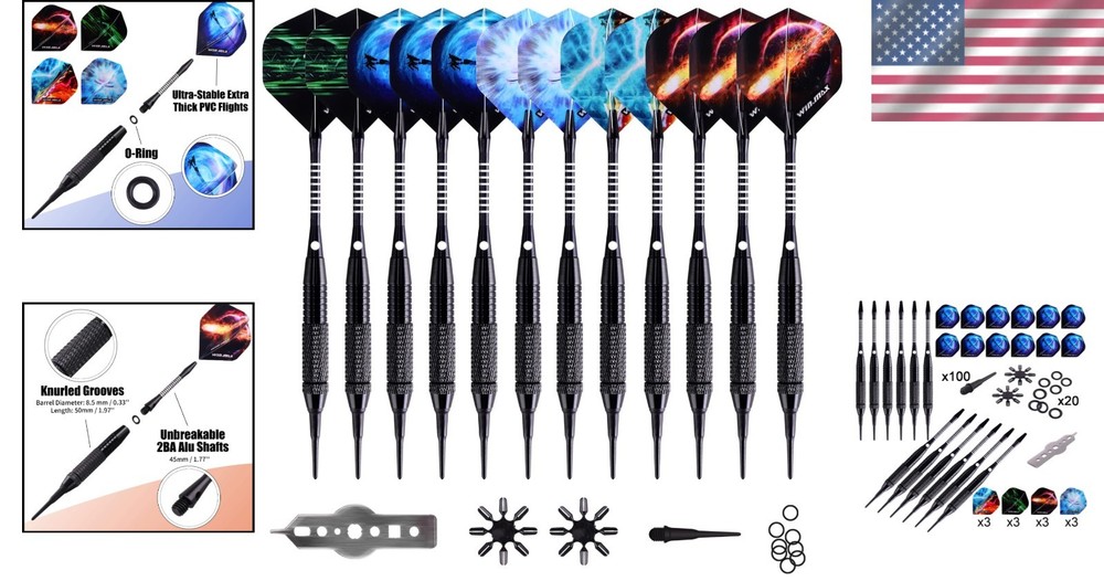 Precision-Control 18g Soft Tip Darts Set - 12 Darts, 100 Tips, Flight Protectors