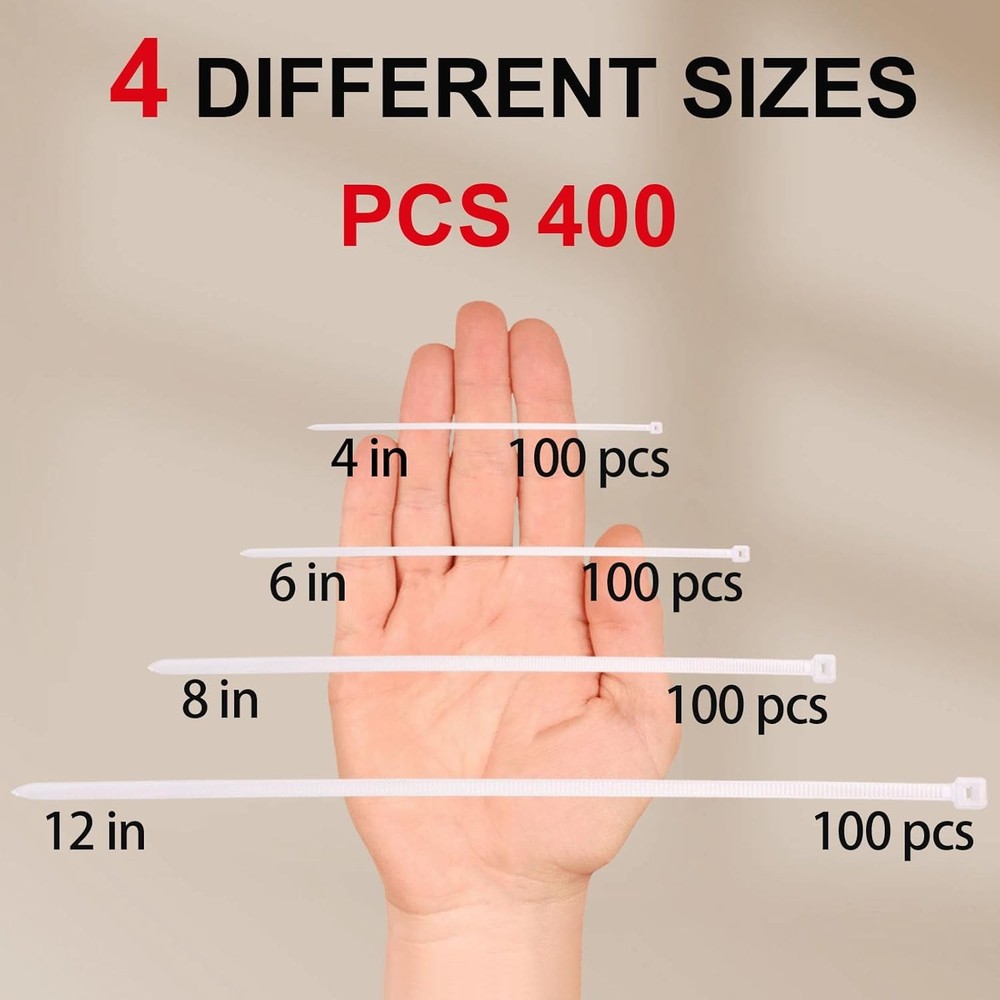 White Zip Ties Assorted 4-12" 400 Pack