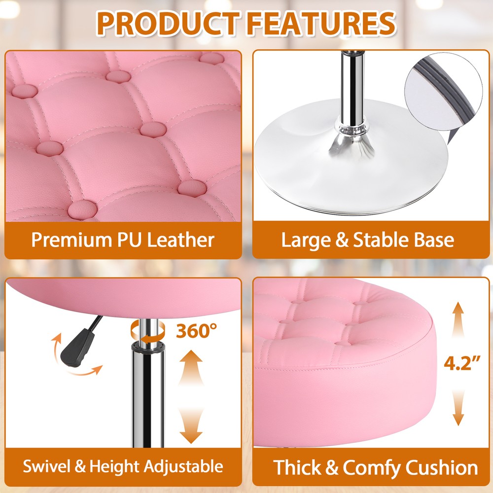 Pink Vanity stool for Makeup Room Adjustable Height PU Leather Bar Stool