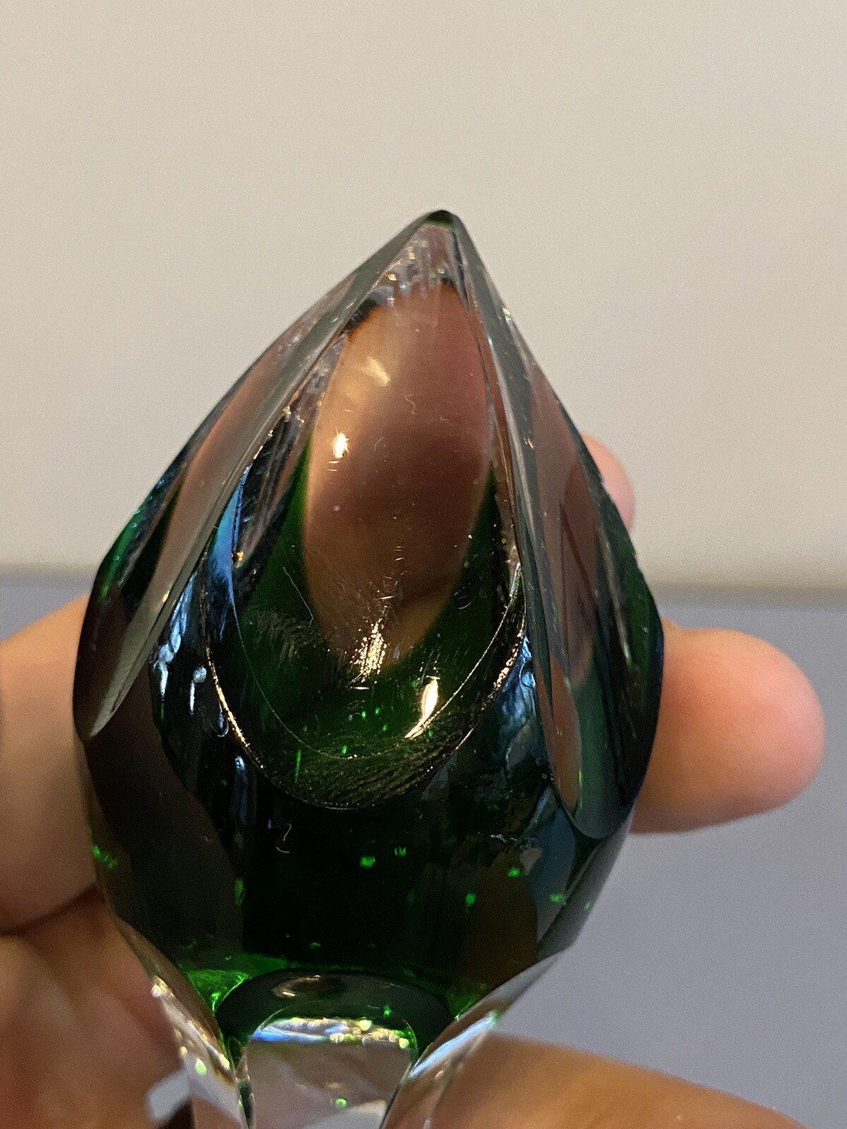 STUNNING VTG Emerald Green Cut To Clear Crystal Decanter W/Stopper 15.25"H