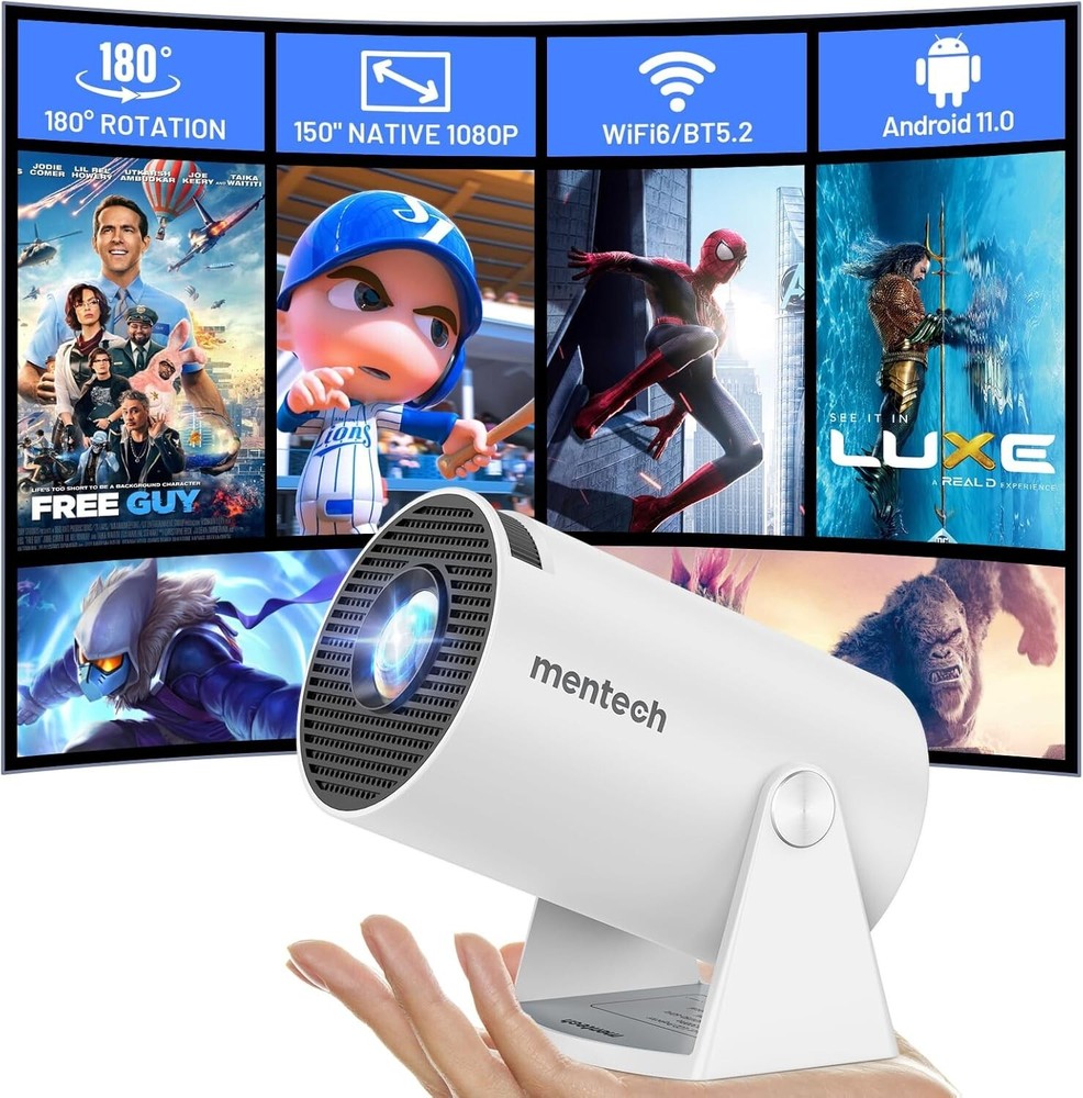 Mentech Mini Projector with WiFi & Bluetooth, up to 150" Screen, Apps, White