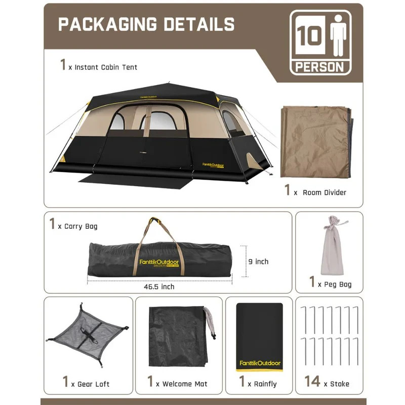 FanttikOutdoor 10 Person Camping Tent Setup in 60 Seconds with Rainfly & Windpro