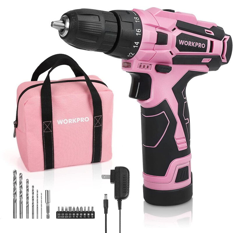 WORKPRO Pink Cordless Drill Driver Set 12V Screwdriver Driver 3/8" Keyless Chuck