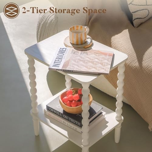 End Table, Small Side Table with Storage Shelf, 2-Tier Modern NightStand White