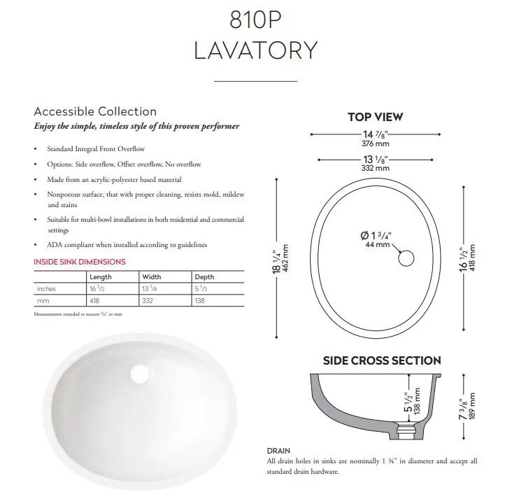 Corian 810P White Undermount Sink