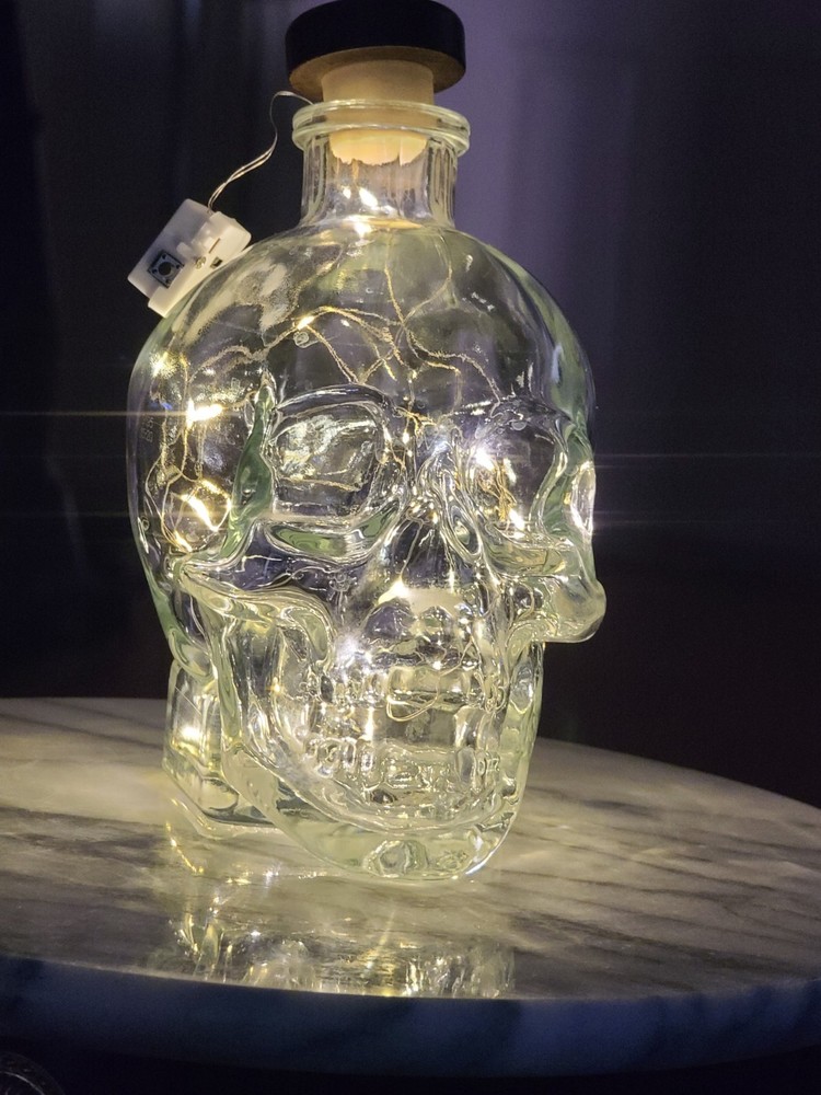 Crystal Skull Vodka bottle decorative with lights display piece.
