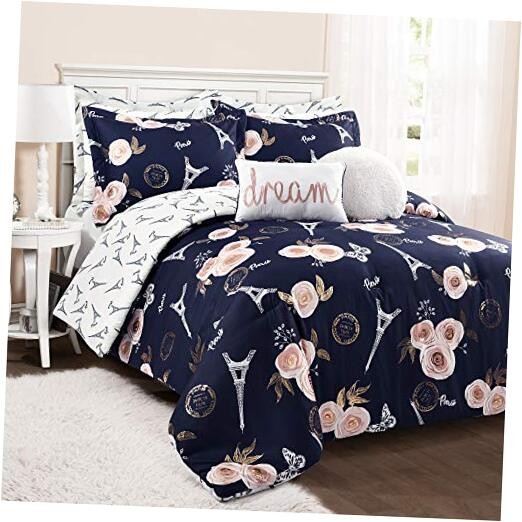 Vintage Paris Rose Butterfly Script Reversible Full/Queen Navy Comforter Set
